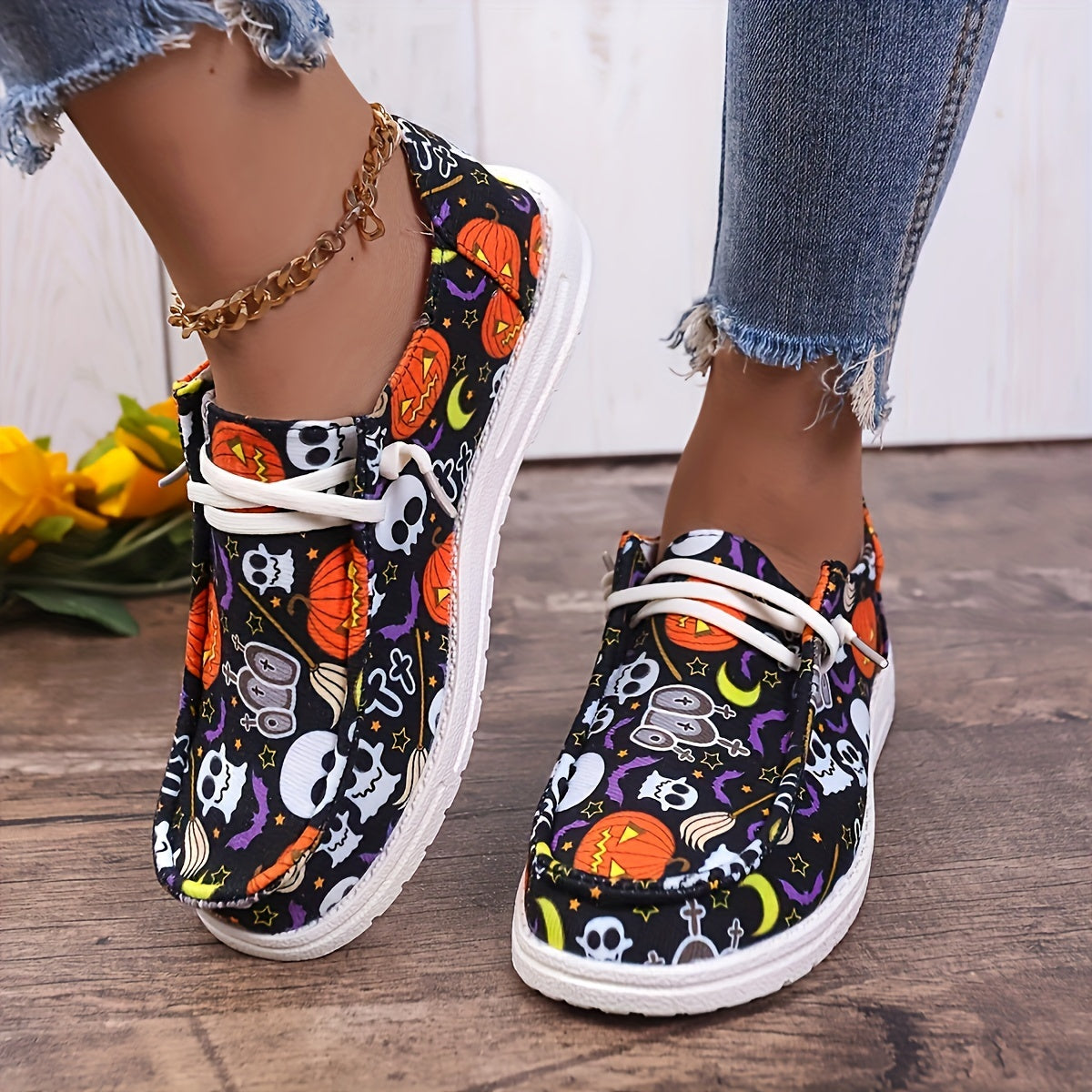 Cartoon Print Lace Up Boat Shoes Low Top Slip On Lightweight Canvas Shoes