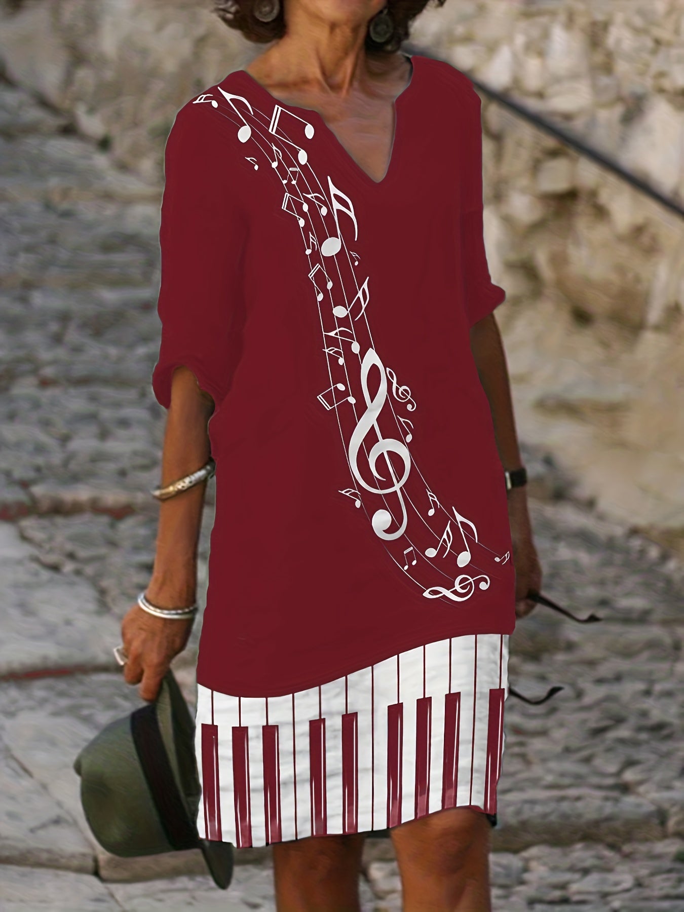  Music Note Print Half Sleeve Dress