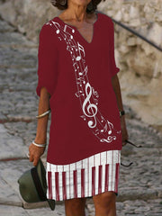  Music Note Print Half Sleeve Dress