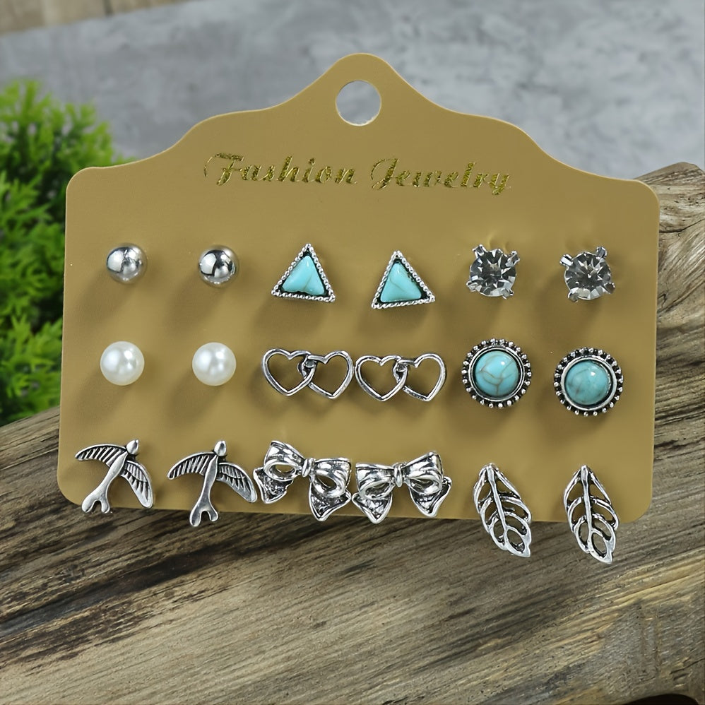 Folklore Silver Geometric Earrings w/ Zicron Turquoise Stud