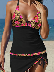  Gothic Tankini Set Floral Skull & Leopard Print V Neck Cami Top & Draw