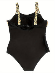Women's Plus Leopard Print Mesh Round Neck One Piece Swimsuit