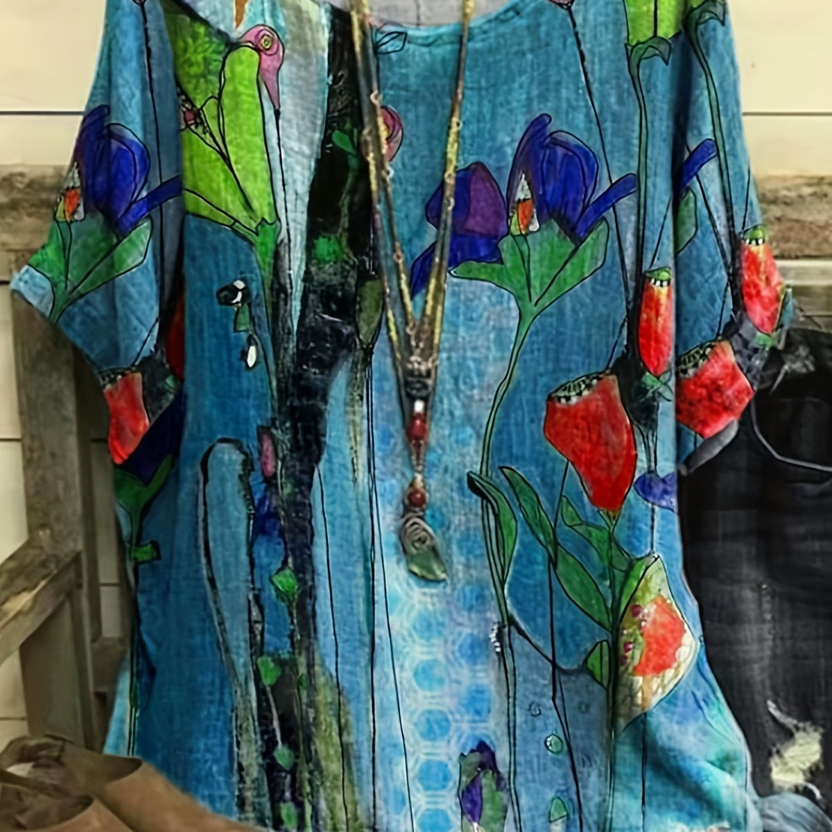  Floral Print Short Sleeve Split Blouse