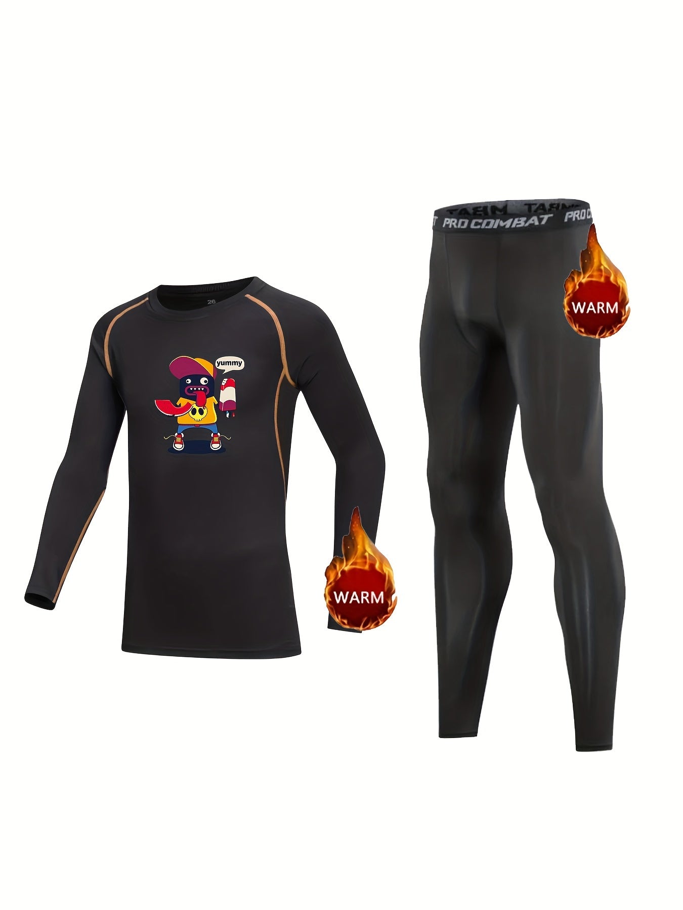 2pcs Kids Compression Sets Cartoon Print Crew Neck Pullover Elastic Waist Pants