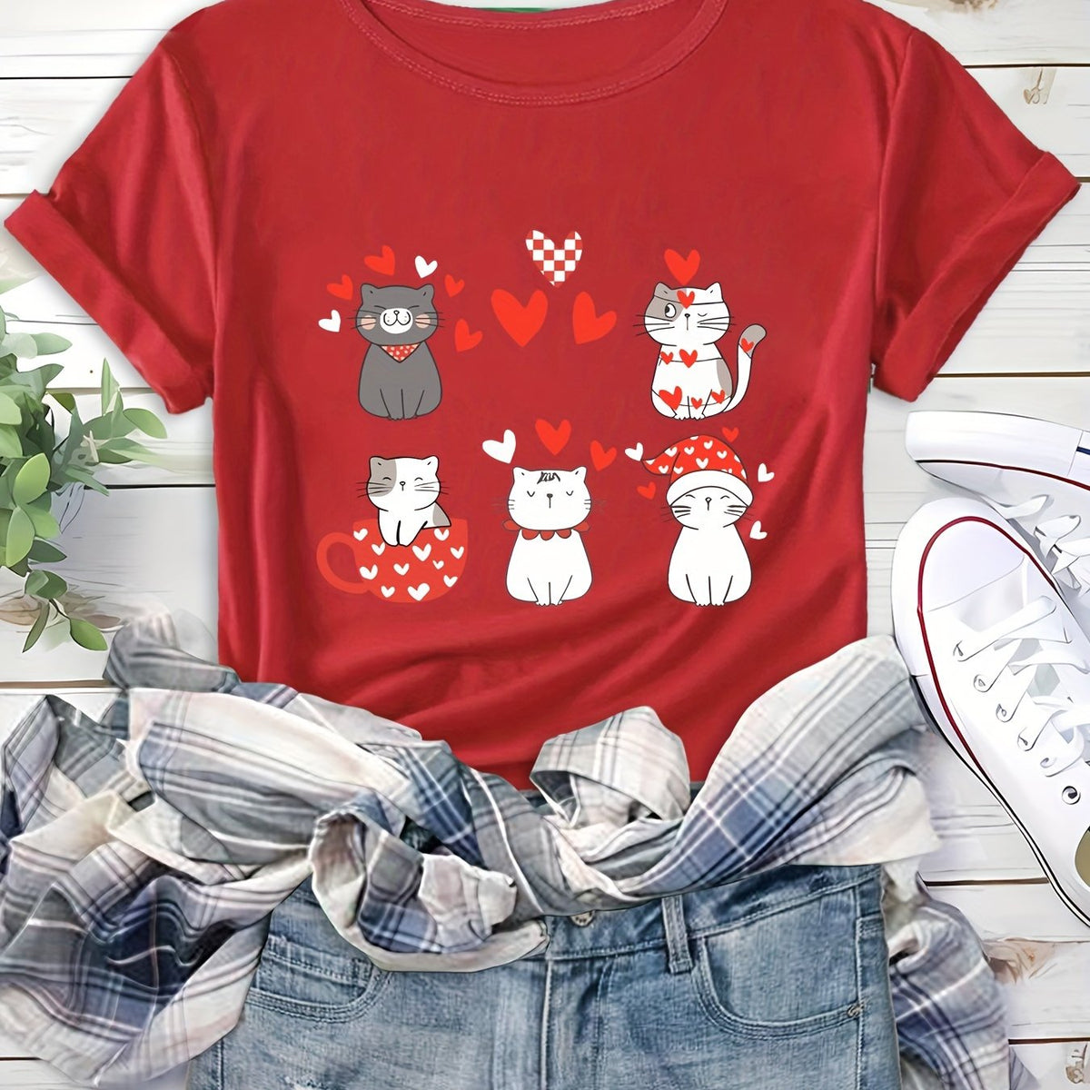 Cute Cat Print Heart T Shirt for Women