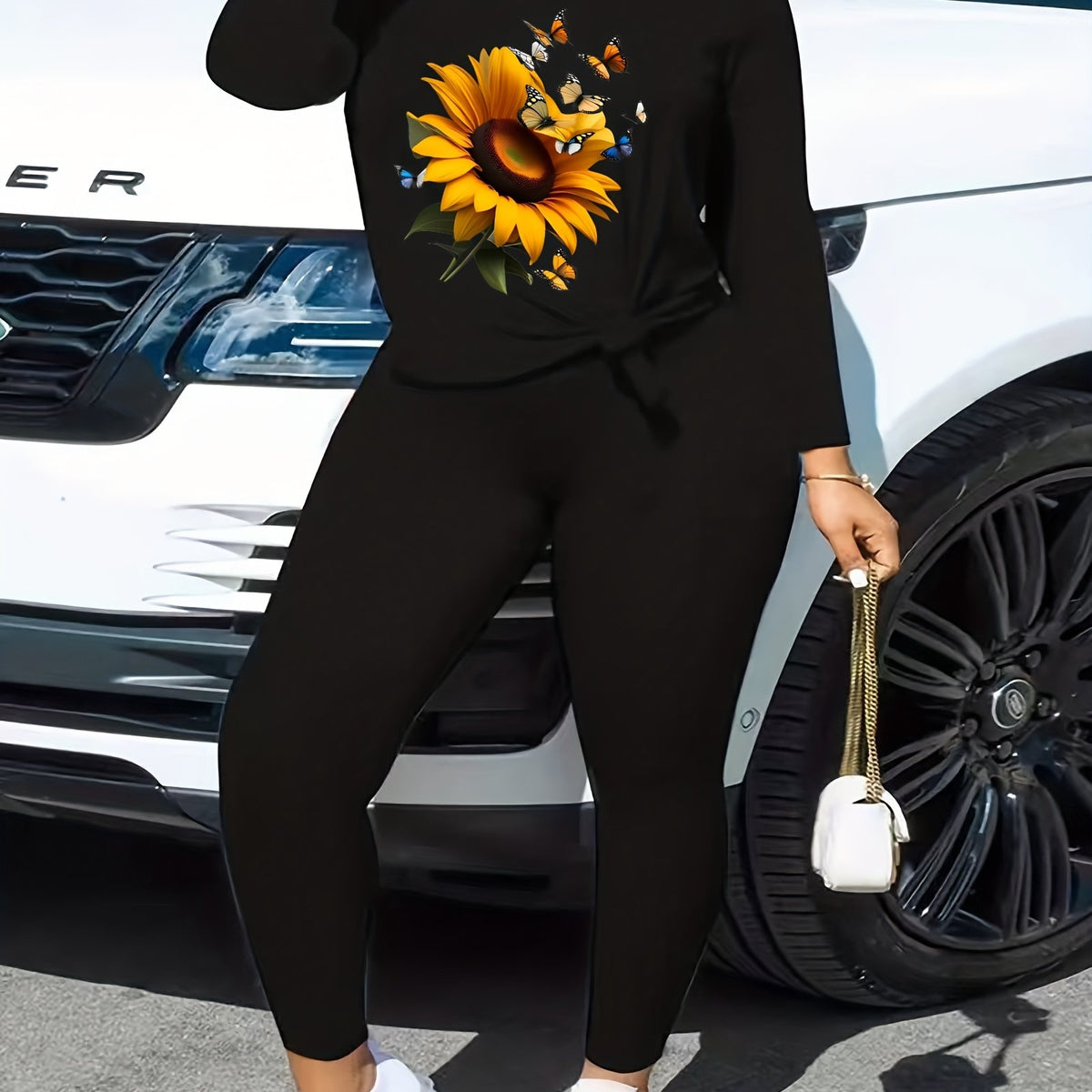  2 Piece Set Sunflower & Butterfly Print V Neck Top & Leggings