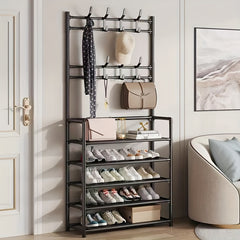 Shoe Rack Coat Rack with Storage Shelves & Hooks