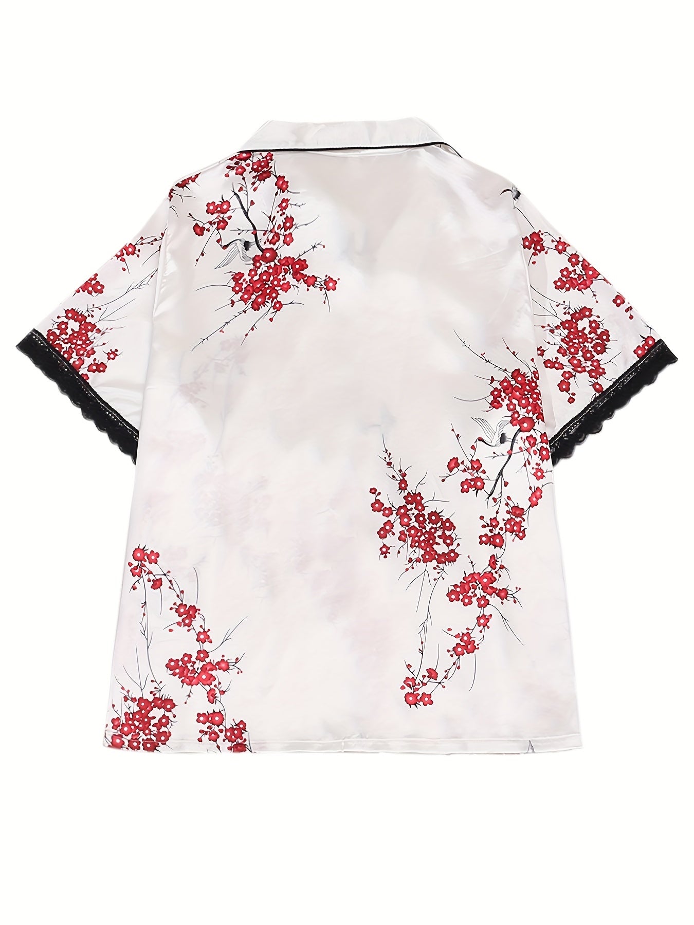  Satin Floral Print Lace Trim Pajama Set