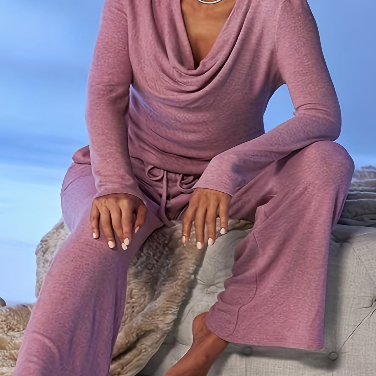  Solid Long Sleeve Top & Wide Leg Pants Set