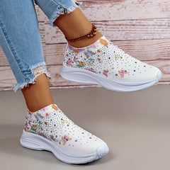 Women's Rhinestone Knit Sock Sneakers Casual Low Top Slip On Shoes