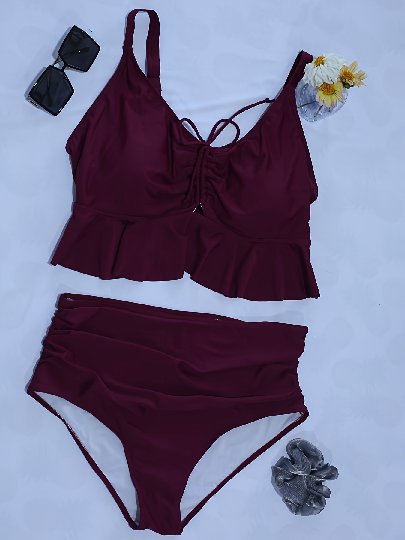  Lace Ruffle Trim Crop Cami Top & Panty Swimsuit Set