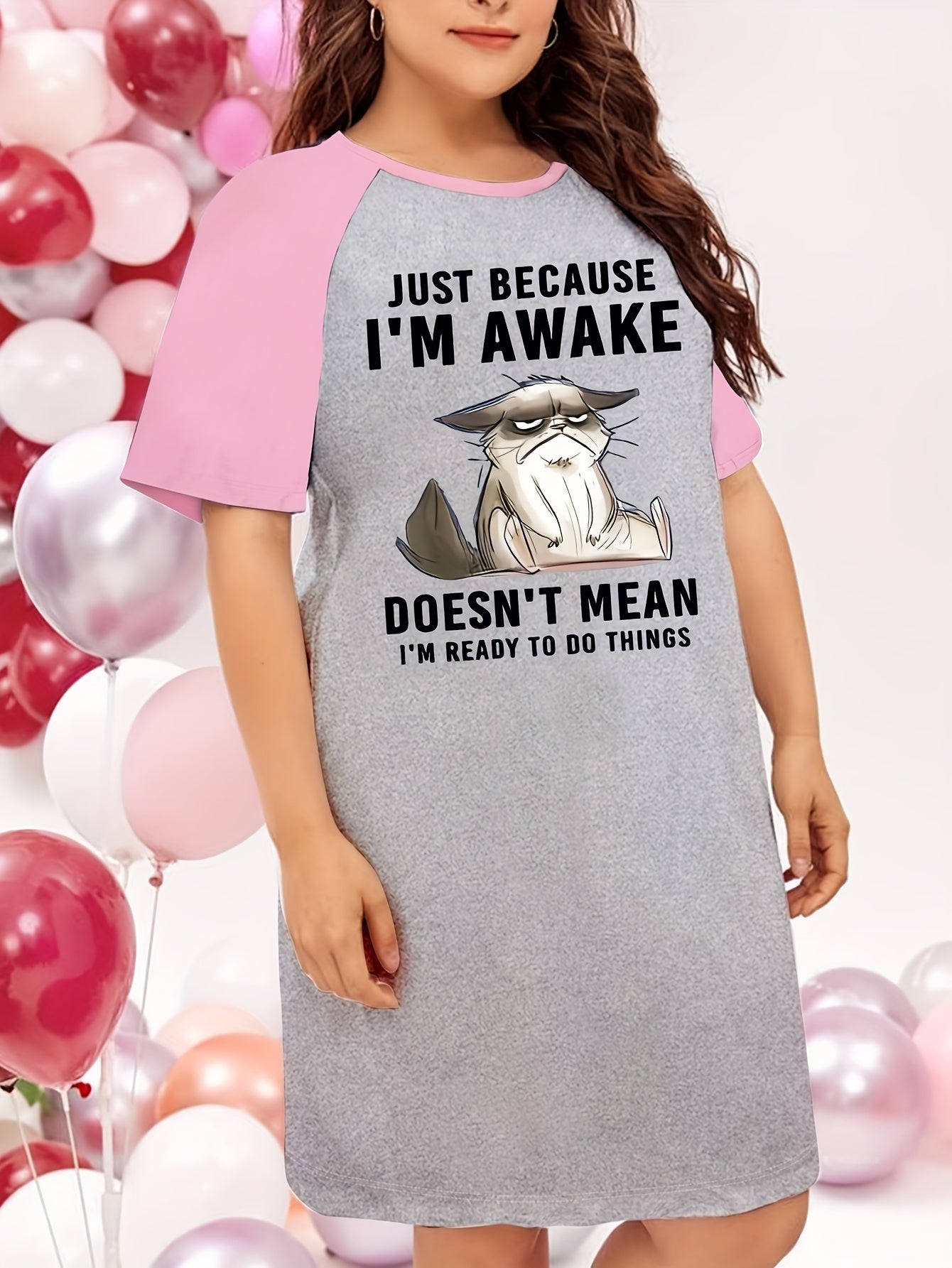  Nightdress Women's Plus Animal & Slogan Print Sleep
