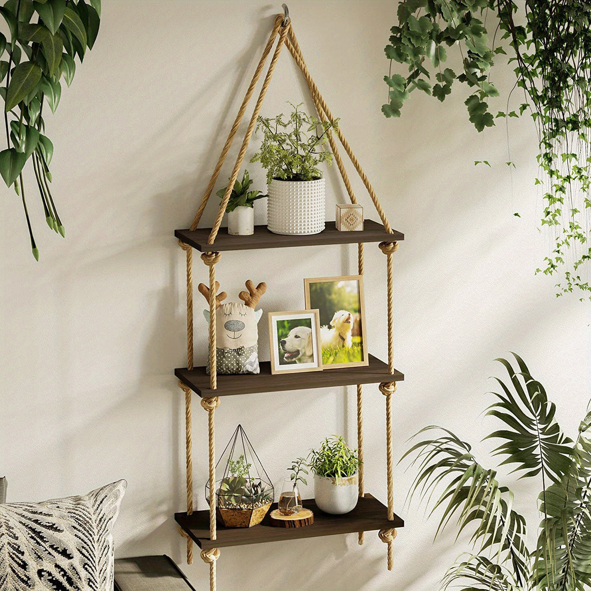 3 Tier Hanging Wall Shelves Swing Rope Floating Shelf