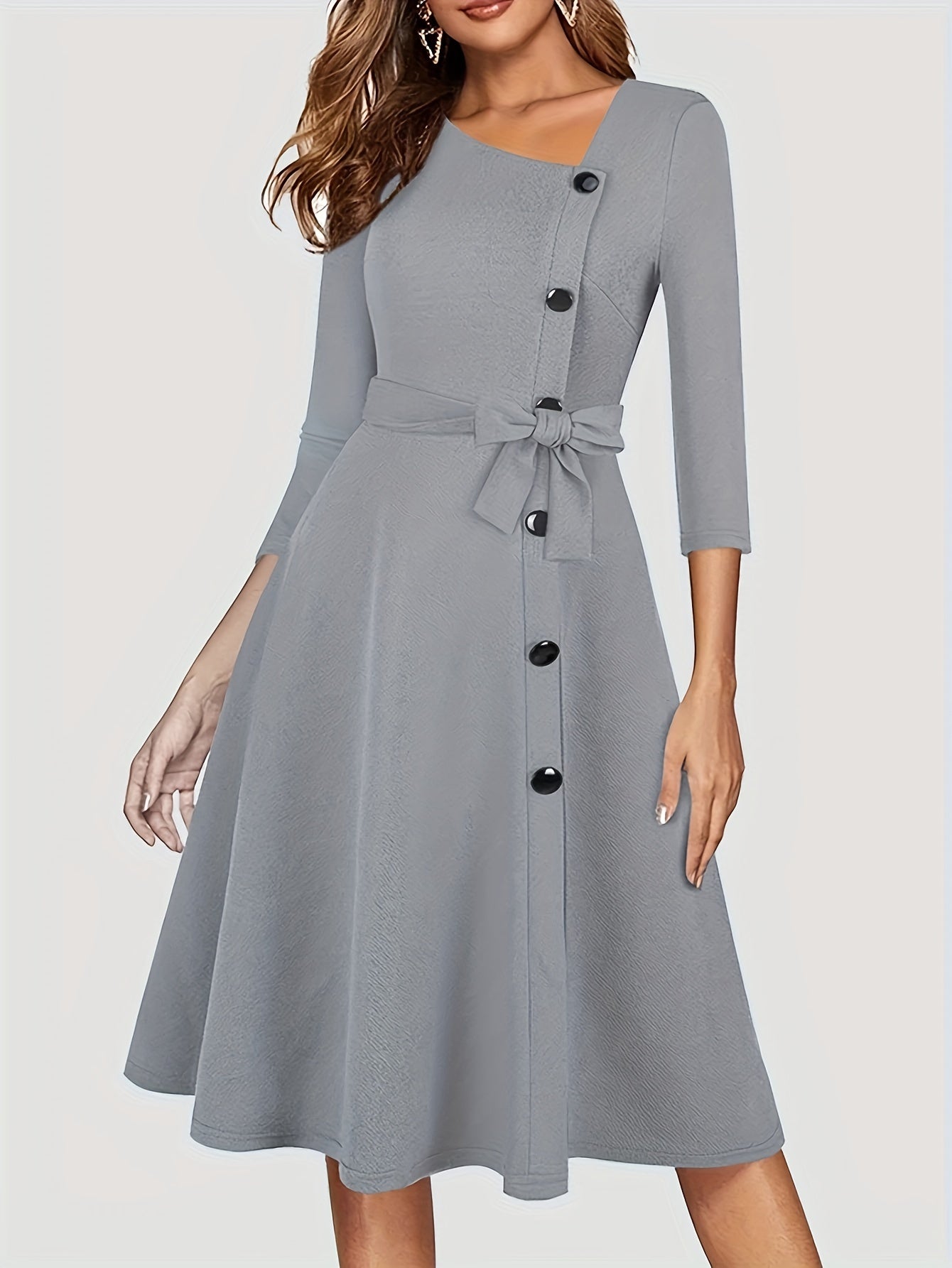  Solid Button Half Sleeve Midi Dress With Belt