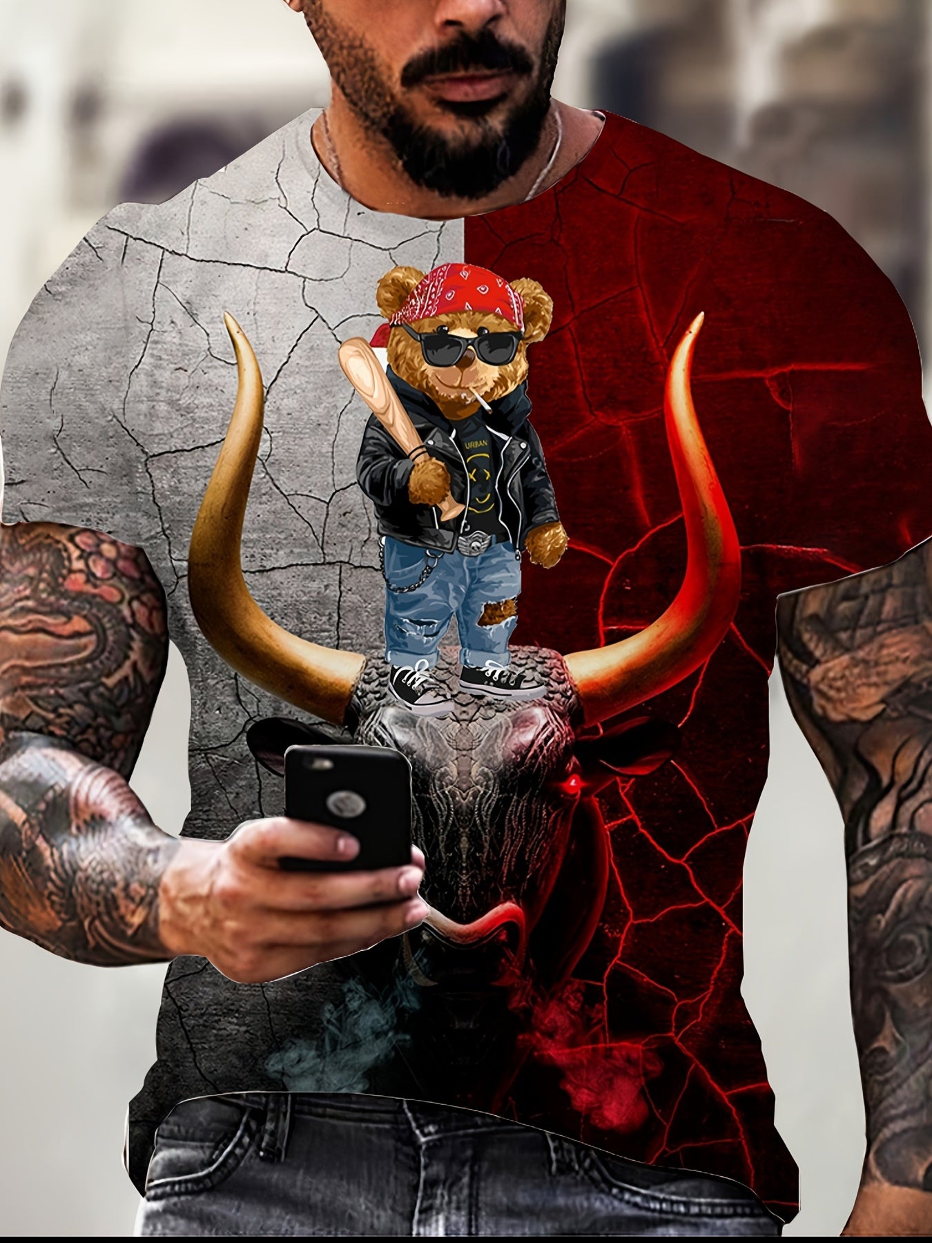 Bear & Bull 3D Print T shirt Men's Street Style Tee Shirt