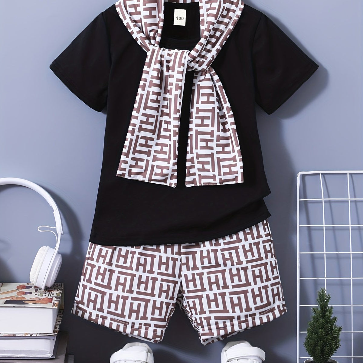 3pcs Boys Casual Short Sleeve T shirt & Shorts & Scarf Set Summer Kids Clothes