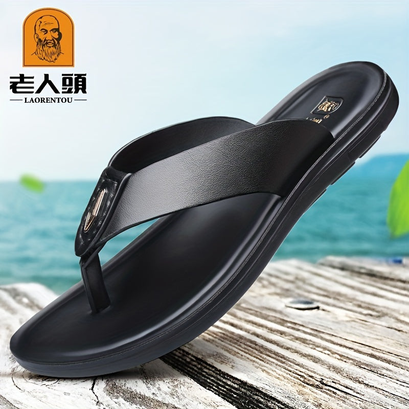 LAORENTOU Men's Leather Flip Flops Arch Support Non Slip Thong Sandals