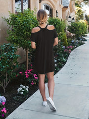  Casual Dress Plain Cold Shoulder Cut Out V Neck