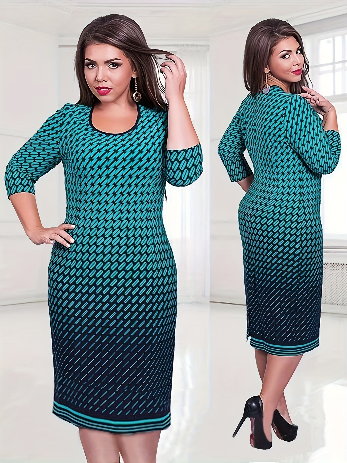 Geometric Print Half Sleeve Slim Fit Dress