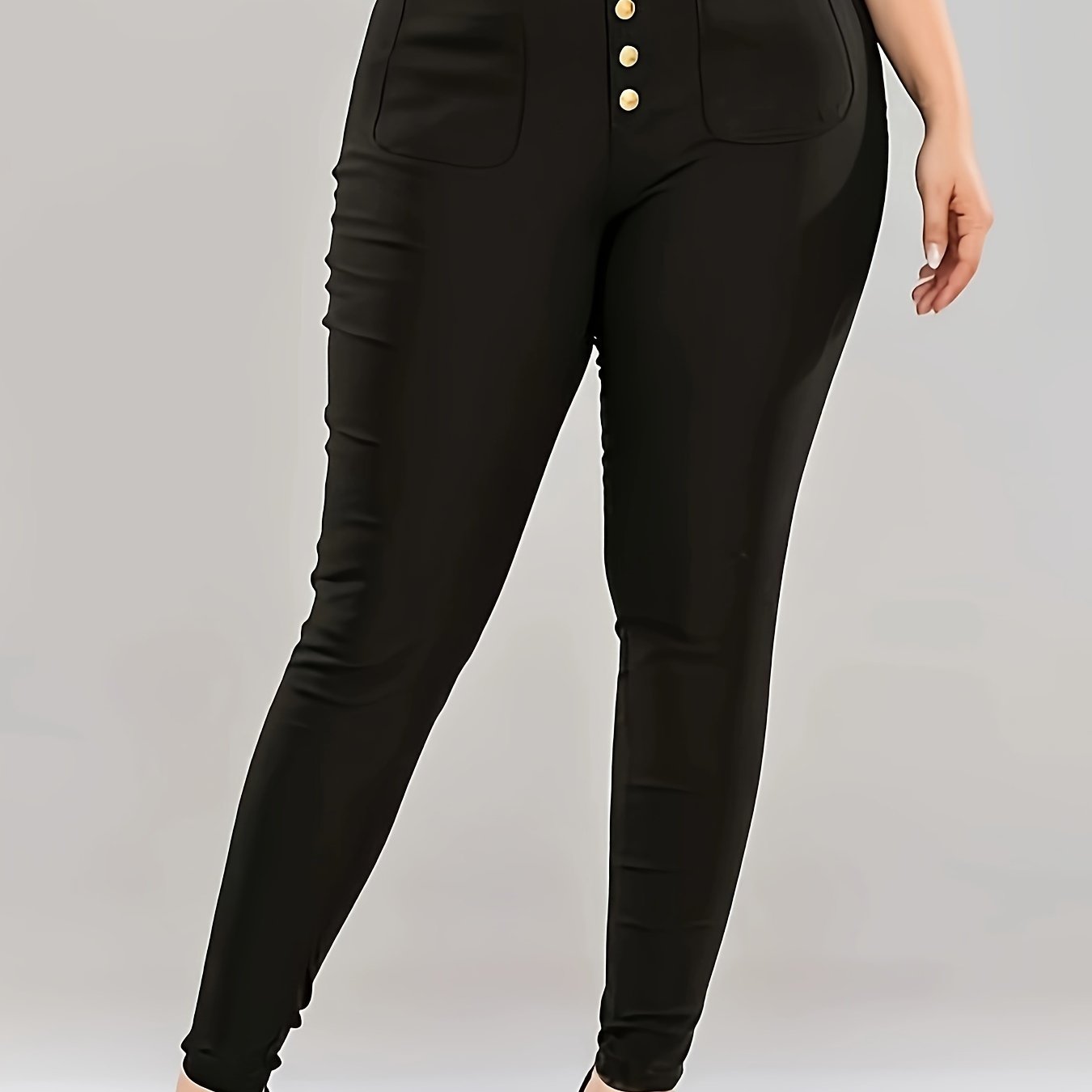 Solid High Waisted Button Skinny Pants Plus Size