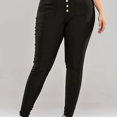 Solid High Waisted Button Skinny Pants Plus Size