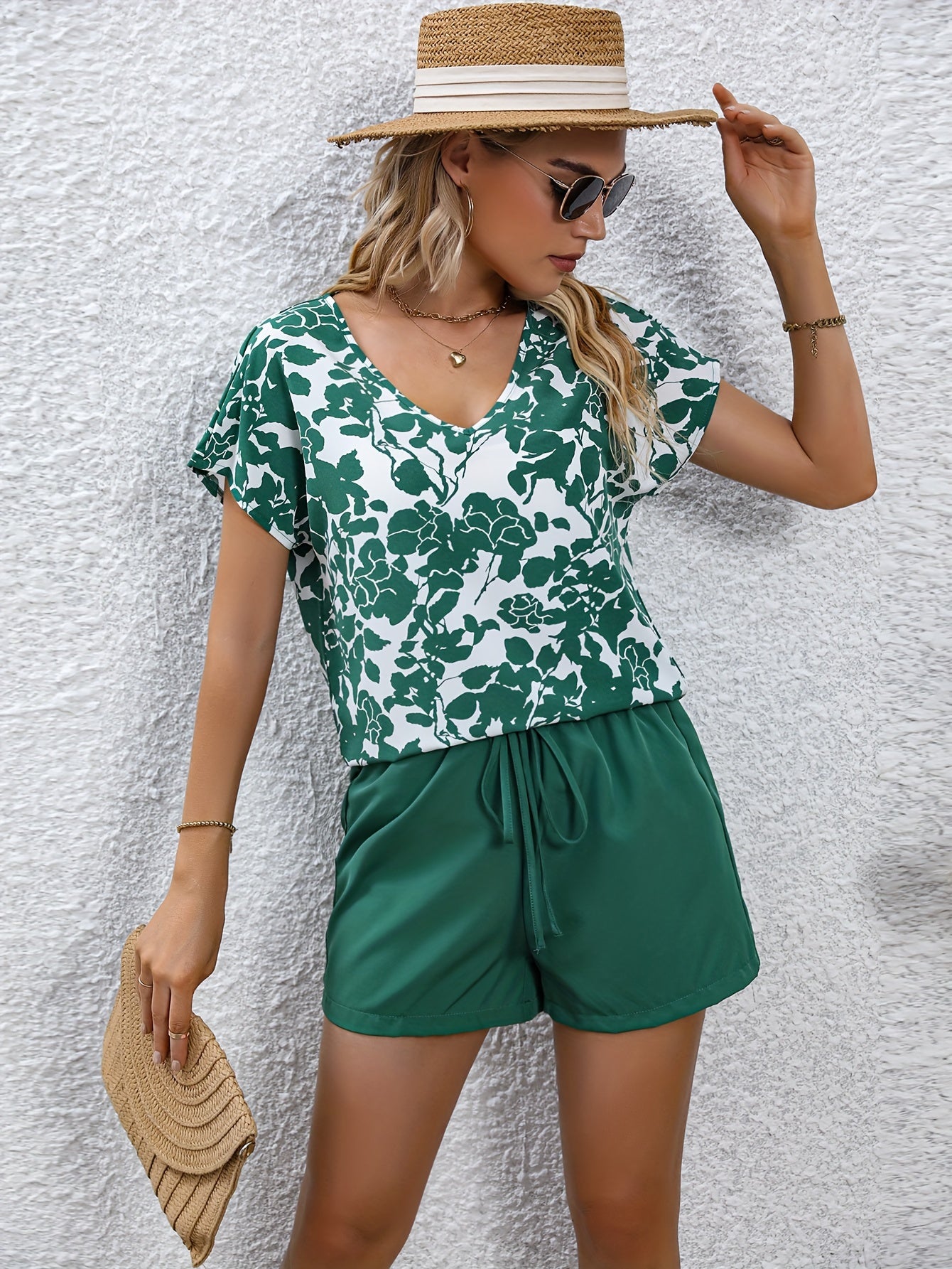 Floral Print V Neck Top & Drawstring Shorts Set Women's Clothing