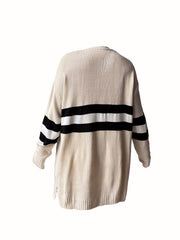  Striped Long Sleeve Open Front Cardigan With Pockets