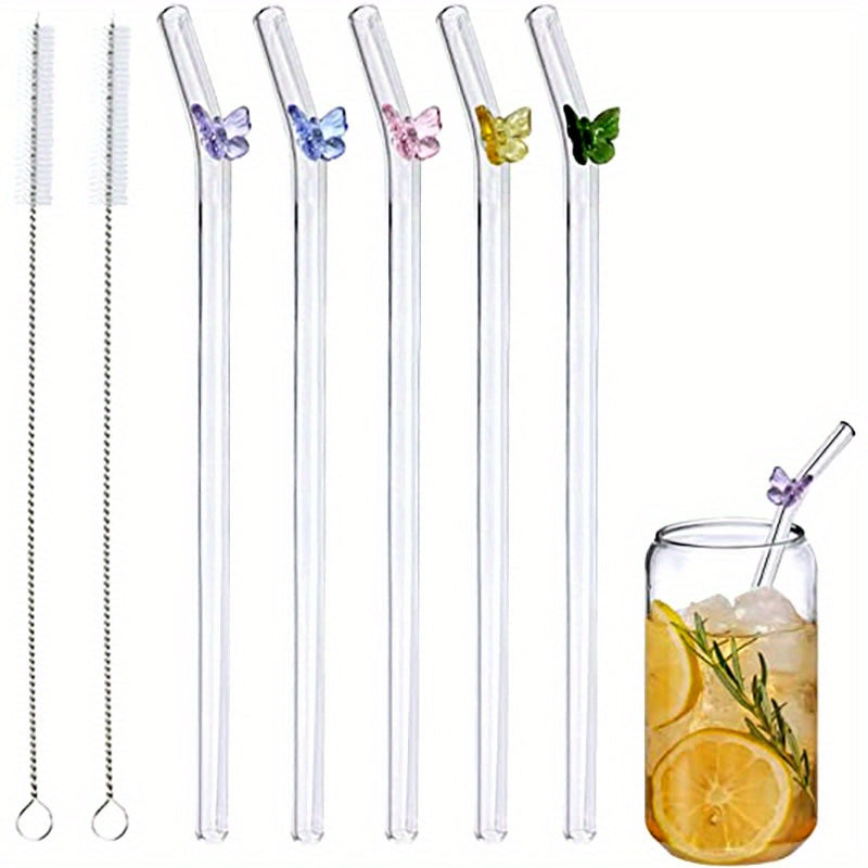7pcs Butterfly Glass Straws Reusable Dishwasher Safe 2 Cleaning Brushes