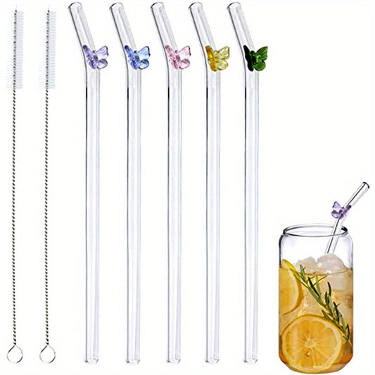 7pcs Butterfly Glass Straws Reusable Dishwasher Safe 2 Cleaning Brushes