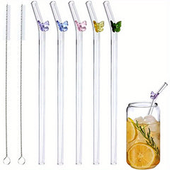7pcs Butterfly Glass Straws Reusable Dishwasher Safe 2 Cleaning Brushes