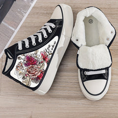 Floral Print Plush Lined Thermal Chunky Canvas Sneakers
