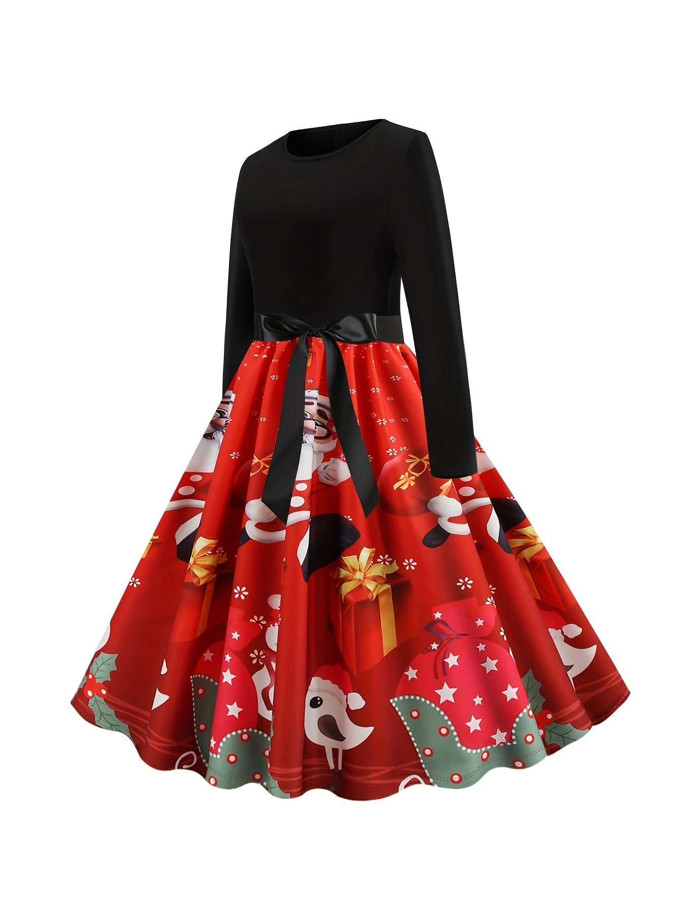  Colorblock Graphic Print Long Sleeve Round Neck Dress
