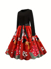  Colorblock Graphic Print Long Sleeve Round Neck Dress