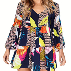  Colorblock Gingham & Tropical Print V Neck Mini Dress
