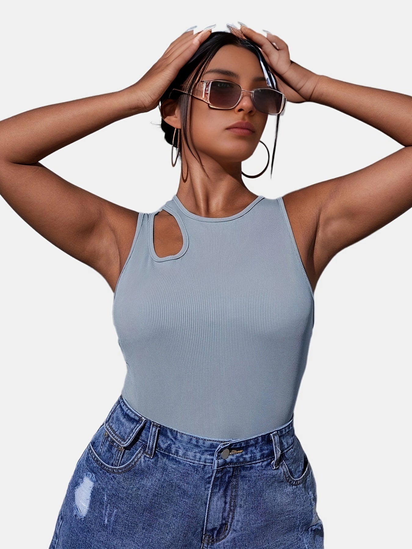  Solid Cut Out Mock Neck Tank Top