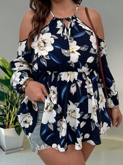  Floral Print Cold Shoulder Lantern Sleeve Peplum Top