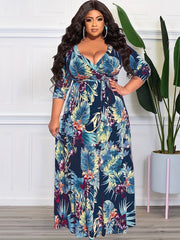 Women's Plus Tropical Print V Neck Maxi Dress