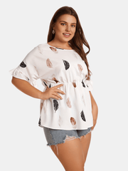  Feather Print Ruffle Trim Criss Cross Short Sleeve Tee