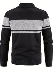 Men's Block Fleece Jacket Baseball Collar Zip Up Knitted Cardigan