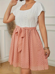  Casual Dress Colorblock Eyelet Embroidery Knot Front Square Neck Dress