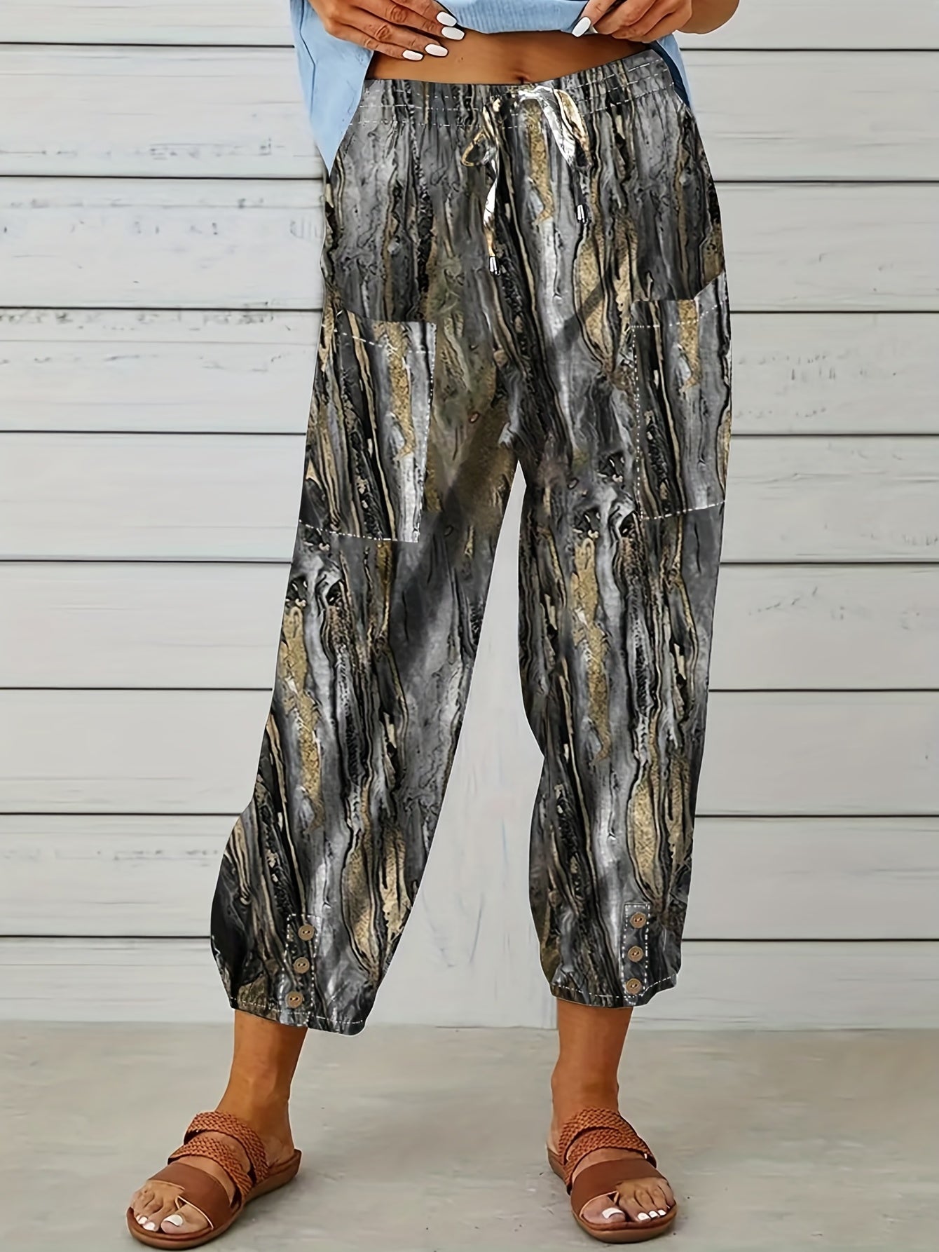  Marble Print Harem Pants with Pockets