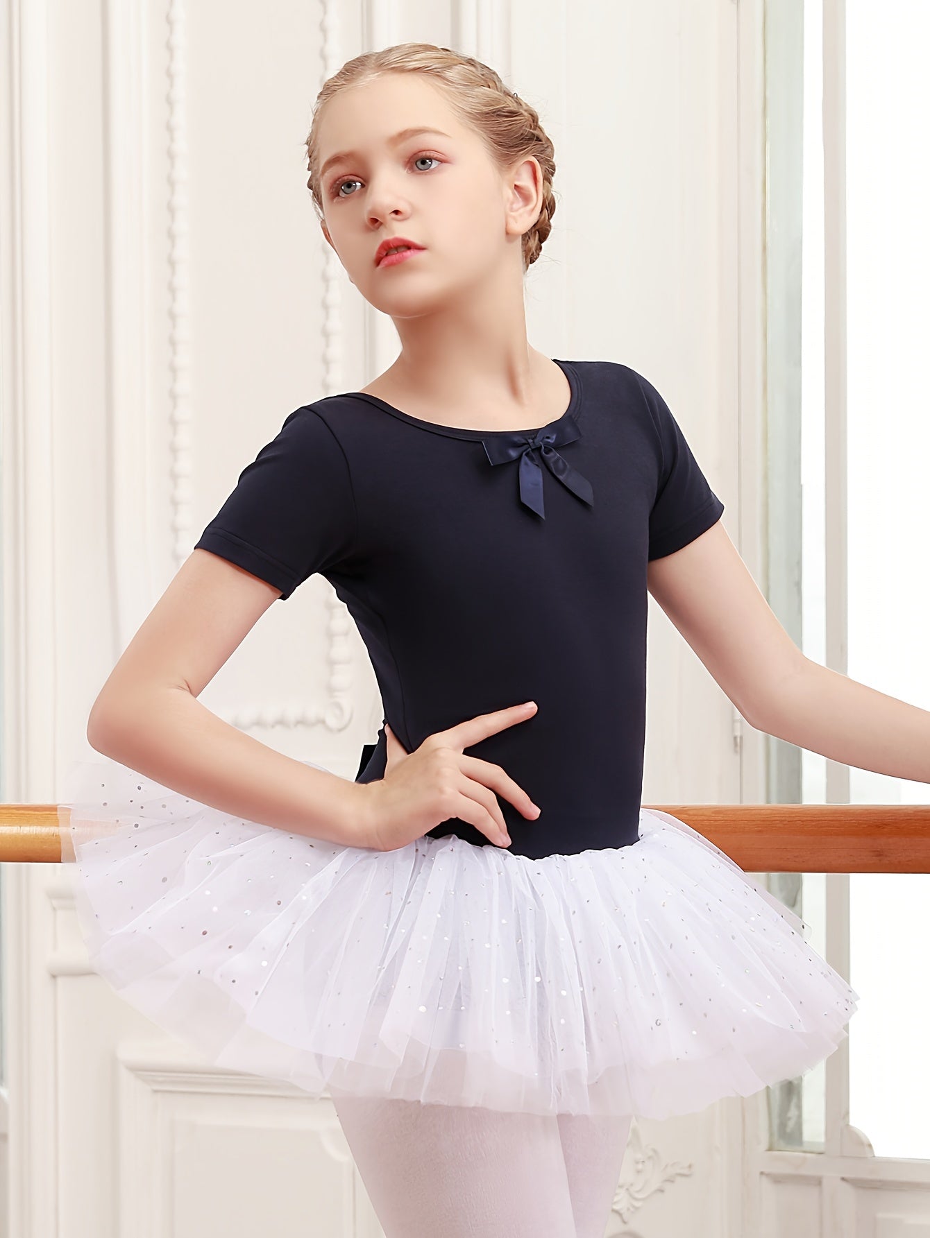 Girls Cotton Splicing Bow Decor Sequin Tutu Ballet Leotard