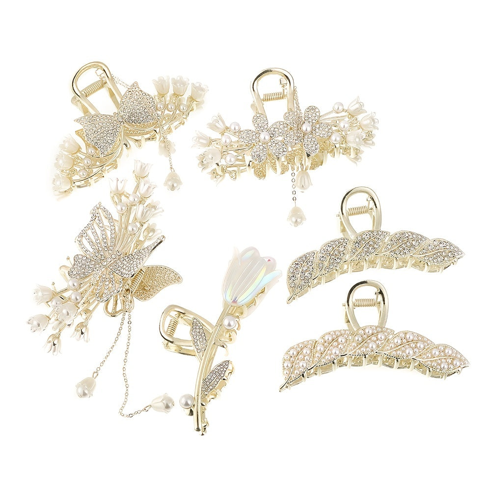 Tulip Flower Butterfly Rhinestone Hair Claw Clip in Gold