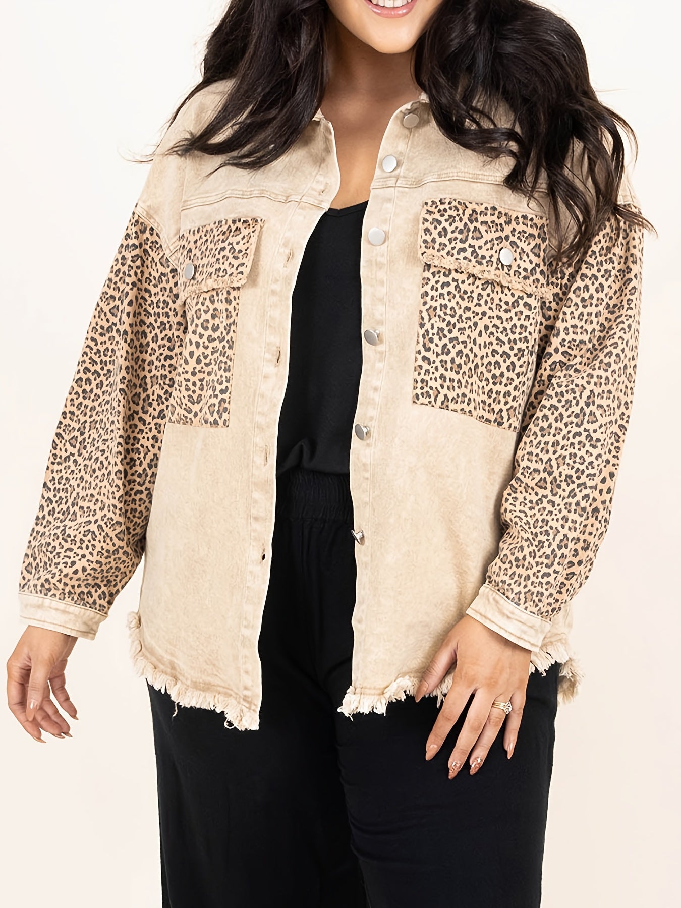  Colorblock Leopard Print Denim Jacket