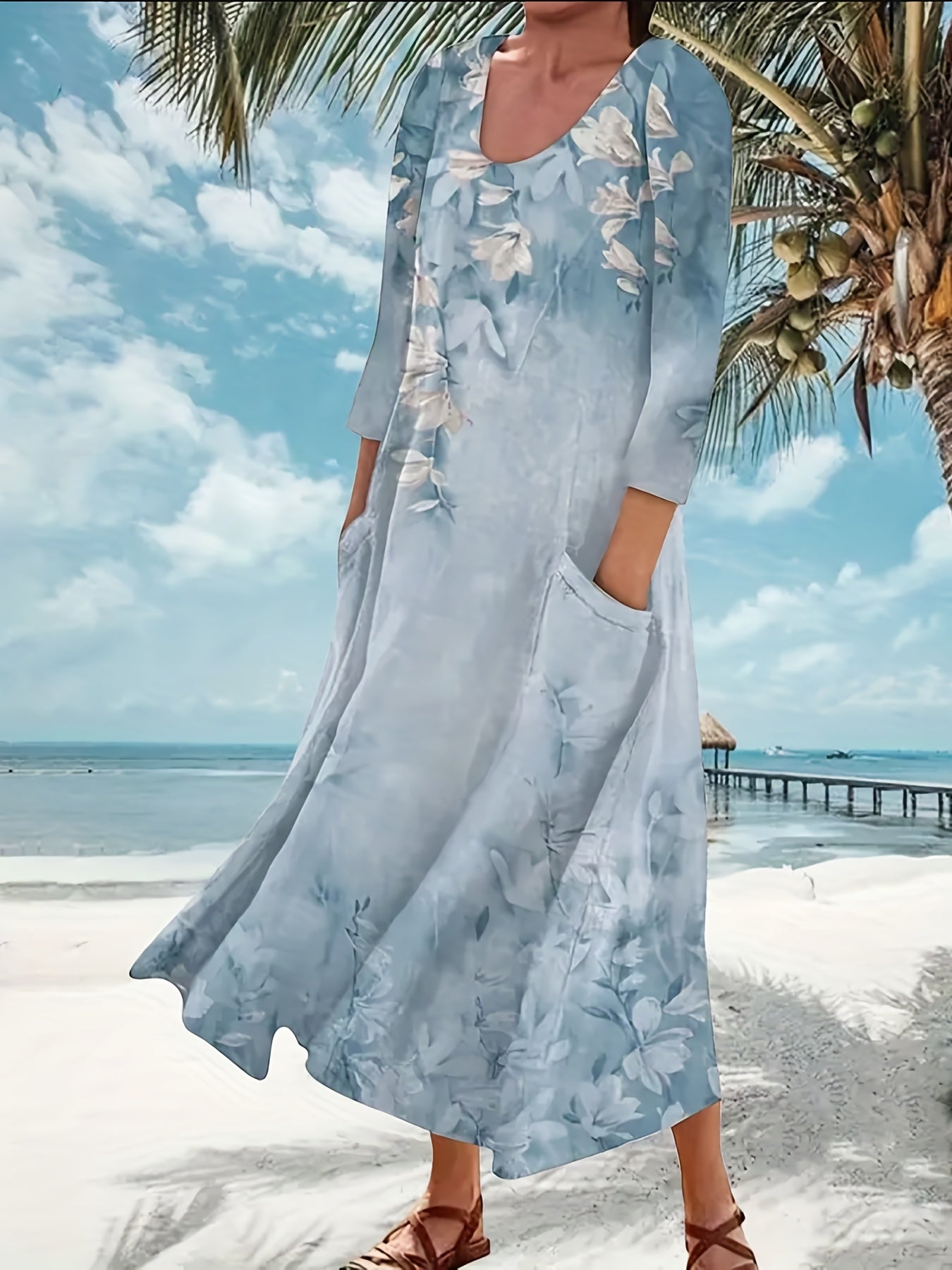 Women's Plus Floral Print Long Sleeve Maxi Dress With Pockets