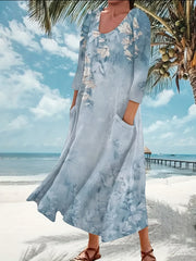 Women's Plus Floral Print Long Sleeve Maxi Dress With Pockets