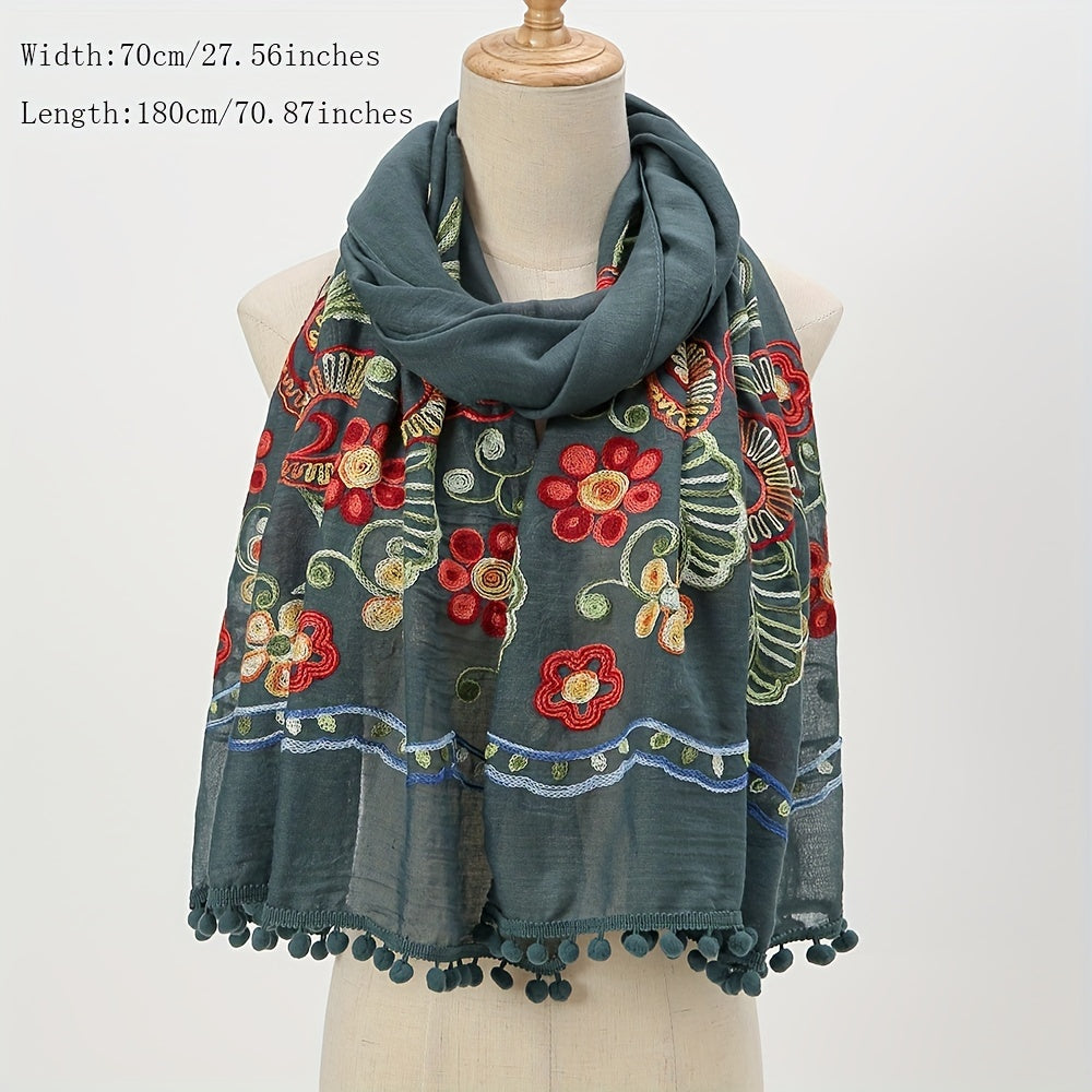 Vintage Flower Embroidery Scarf Tassel Shawl - Boho Hijab