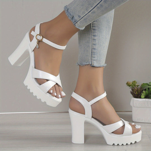 Women's Block Heel Sandals Ankle Buckle Strap Summer Cross Strap Heels