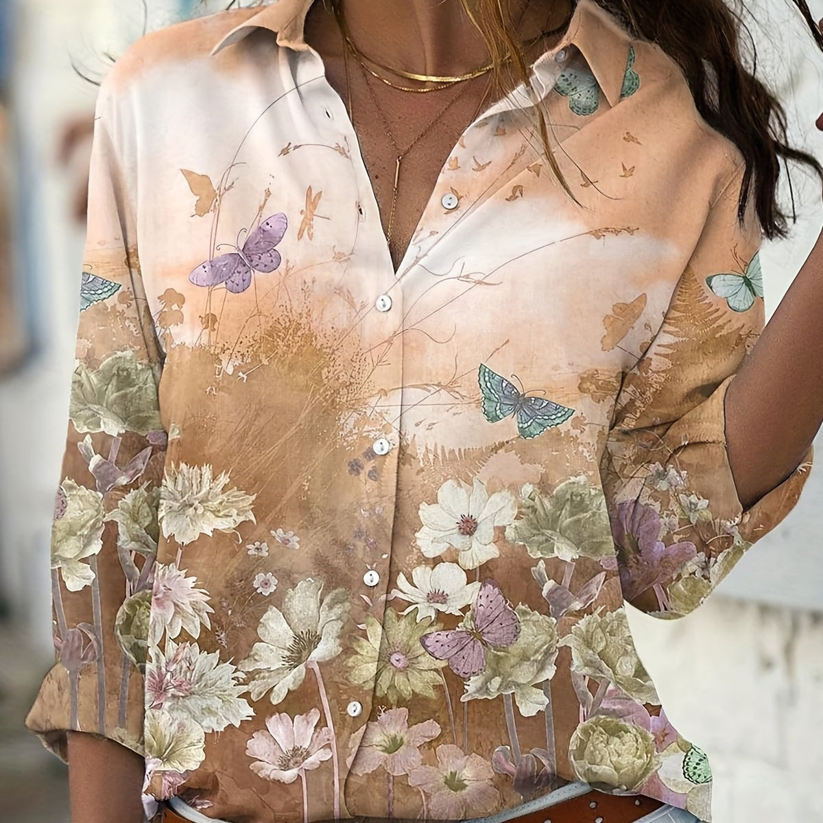  Floral & Butterfly Print Long Sleeve Blouse