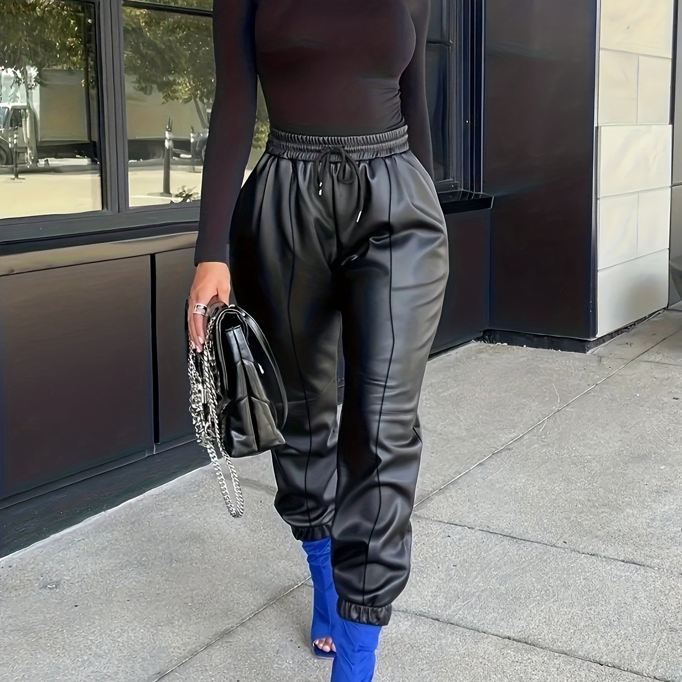 PU Leather Drawstring Pants Elastic Waist Cropped Pants